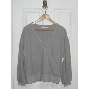 Lush Womens Brushed Knit V-Neck Long Sleeve Faux Wrap Top in Heather Grey Medium